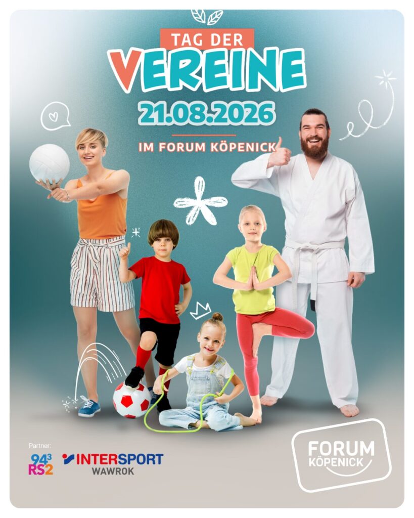 Plakat zum Tag der Vereine am 21. August 2026 im Forum Köpenick mit Volleyball, Fußball, Yoga, Kampfsport und Seilspringen.