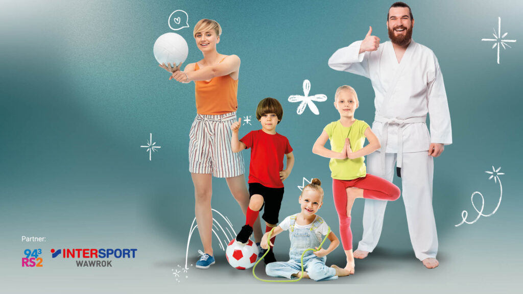 Motiv zum Tag der Vereine im Forum Köpenick: fünf Personen zeigen Volleyball, Fußball, Yoga, Kampfsport und Seilspringen.