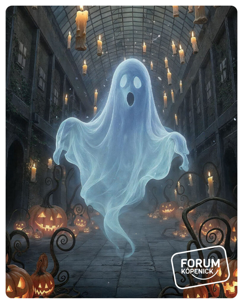 Geist und leuchtende Kürbisse im Halloween-Motiv mit Forum-Köpenick-Logo für die Geisterparty 2026.