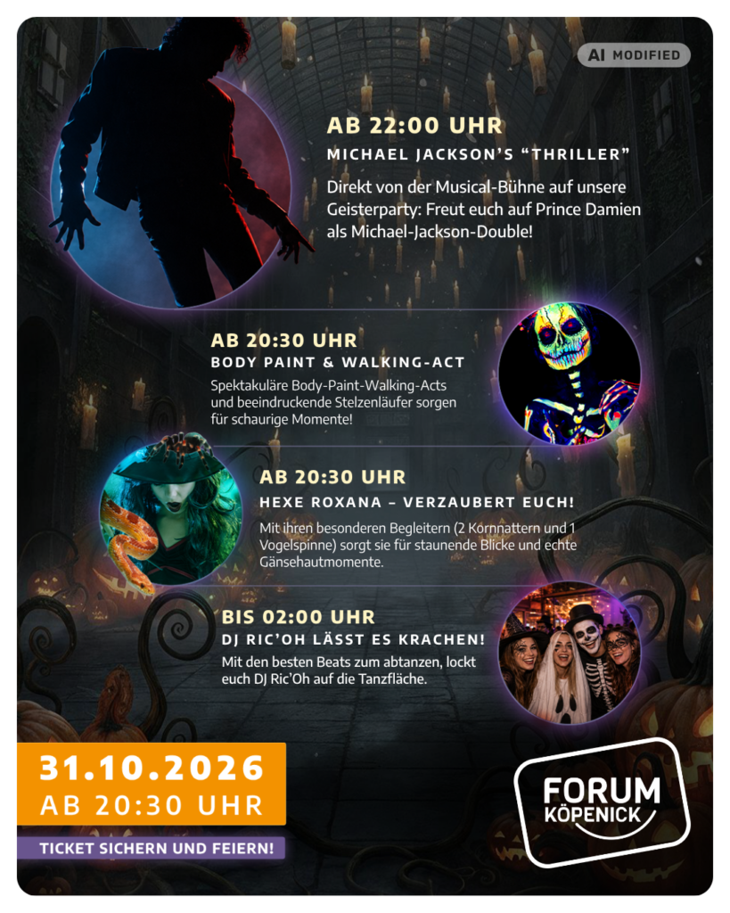 Programm der Geisterparty 2026 im Forum Köpenick mit Prince Damien, Hexe Roxana, Walking Acts und DJ Ric Oh