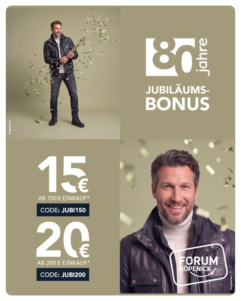 80 Jahre engbers: 15 Euro Bonus ab 150 Euro und 20 Euro ab 200 Euro Einkaufswert, im weißen Forum-Köpenick-Rahmen