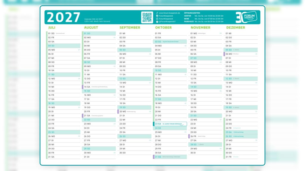 Forum Köpenick Kalender 2027 mit Monatsübersicht und Hinweis auf 30 Jahre Forum Köpenick.