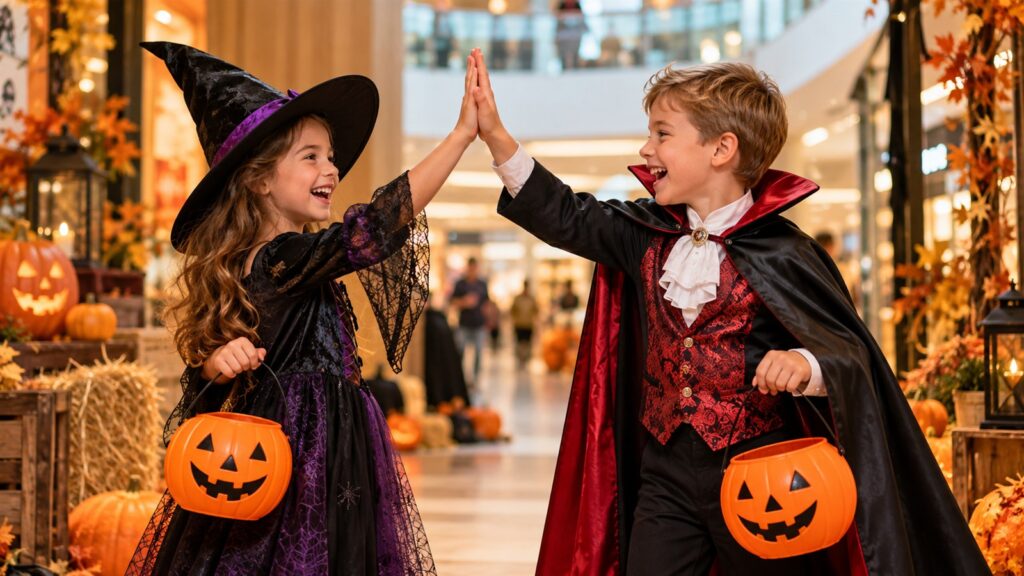 Zwei kostümierte Kinder mit Halloween-Kürbissen als Motiv für das Familienprogramm im Forum Köpenick