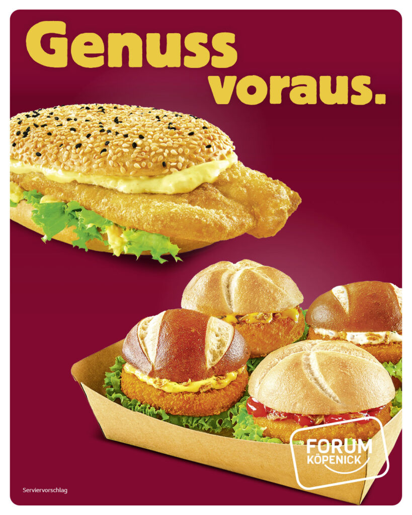 NORDSEE Backfisch XXL und Mini-Bremer mit dem Schriftzug Genuss voraus im Forum Köpenick