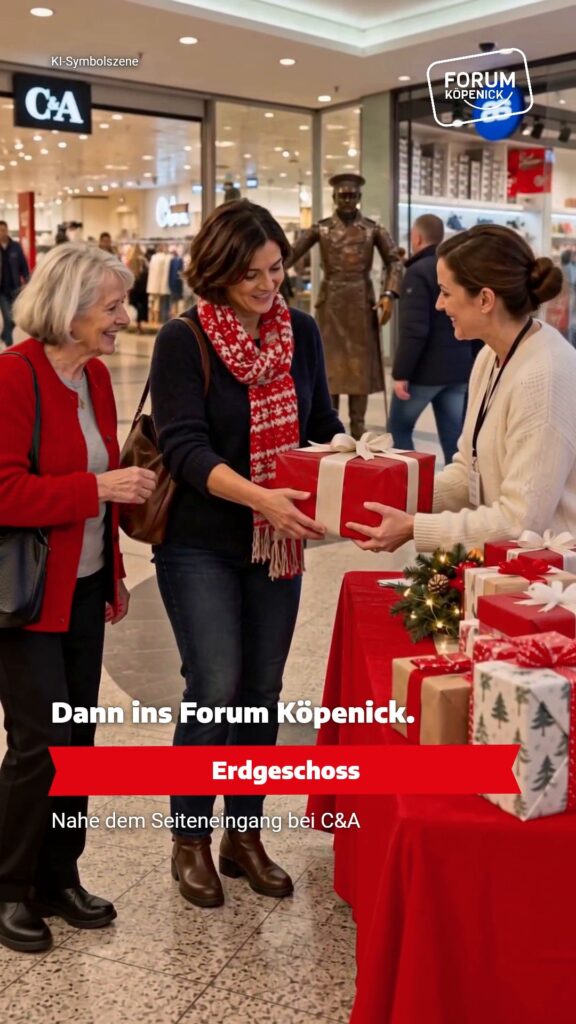 KI-Symbolszene aus dem Aktionsfilm Herzenswünsche 2026: zwei Nachbarinnen übergeben ein verpacktes Geschenk im Forum Köpenick