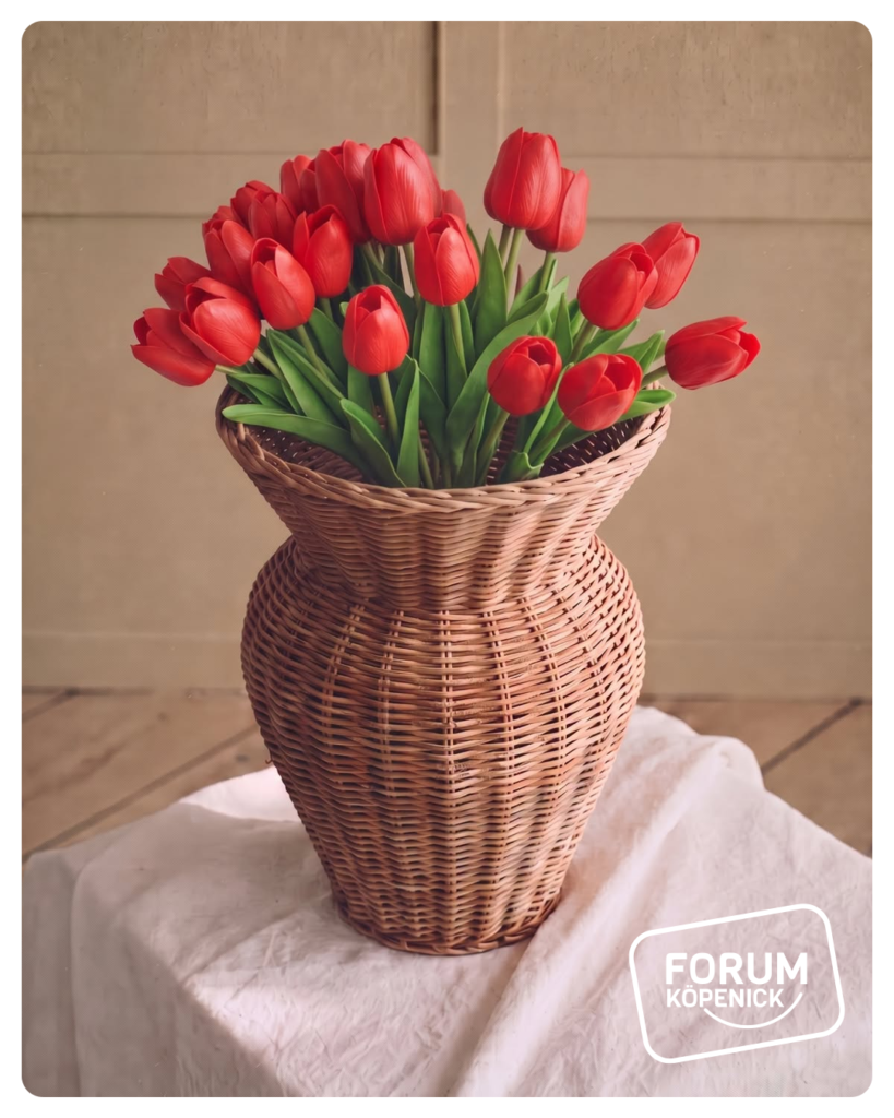 Künstliche rote Tulpen von Søstrene Grene in einer Vase mit weißem Forum-Köpenick-Rahmen